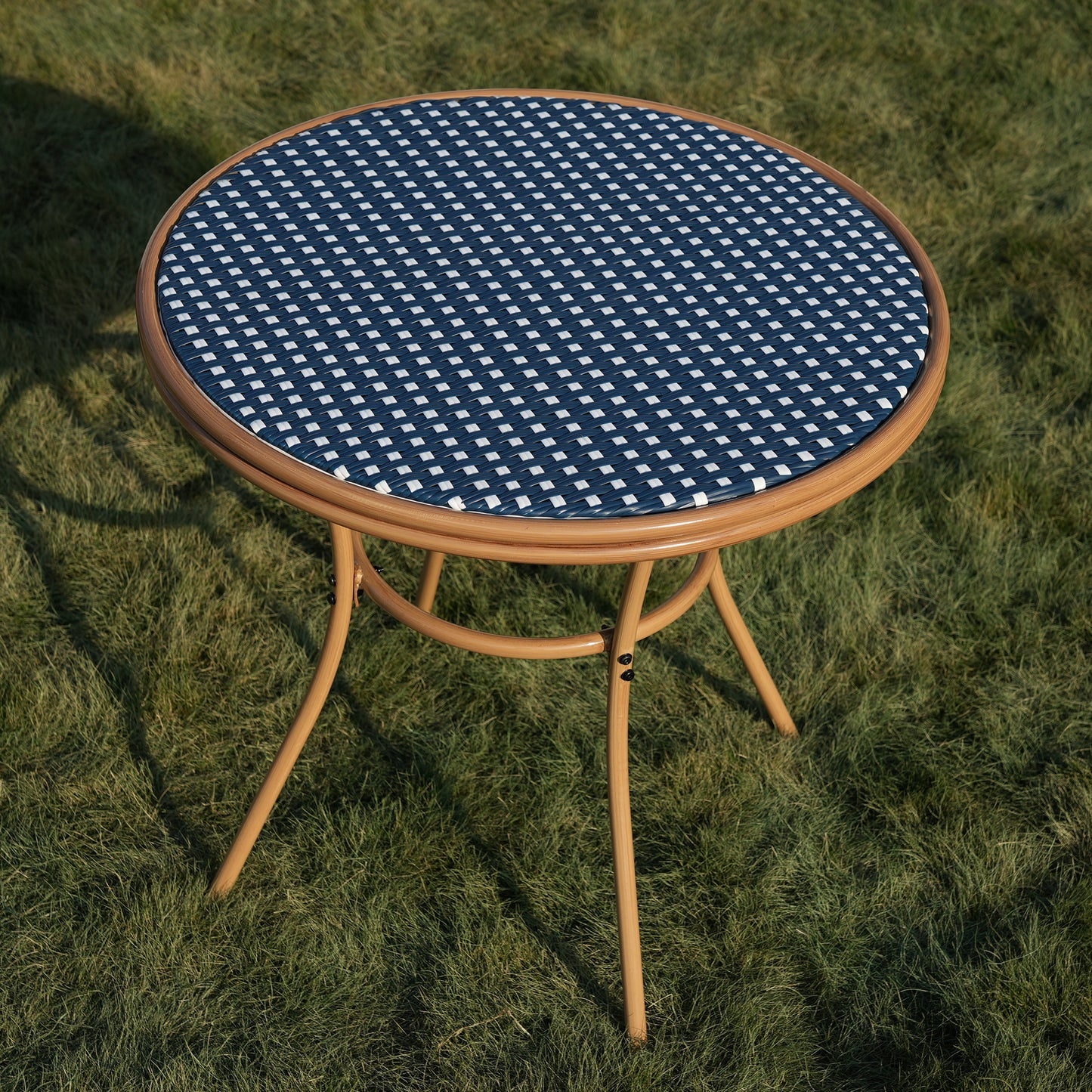 DELMANGO Round Outdoor Bistro Table with Matal Frame and Adjustable Foot Pads for Garden Balcony, Blue/White (Copy)