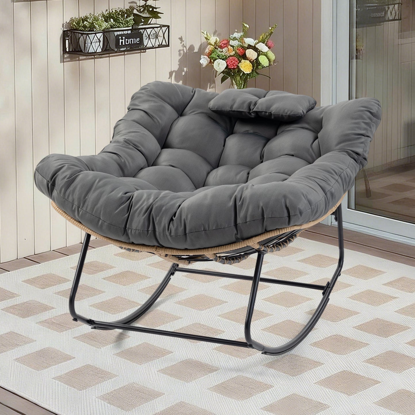 DELMANGO Rocking Egg Chair Outdoor Patio lounger with Thick Cushion Oversized Wicker Rocker Indoor Papasan lawn Chair for Living room Bedroom Porch Balcony Gray