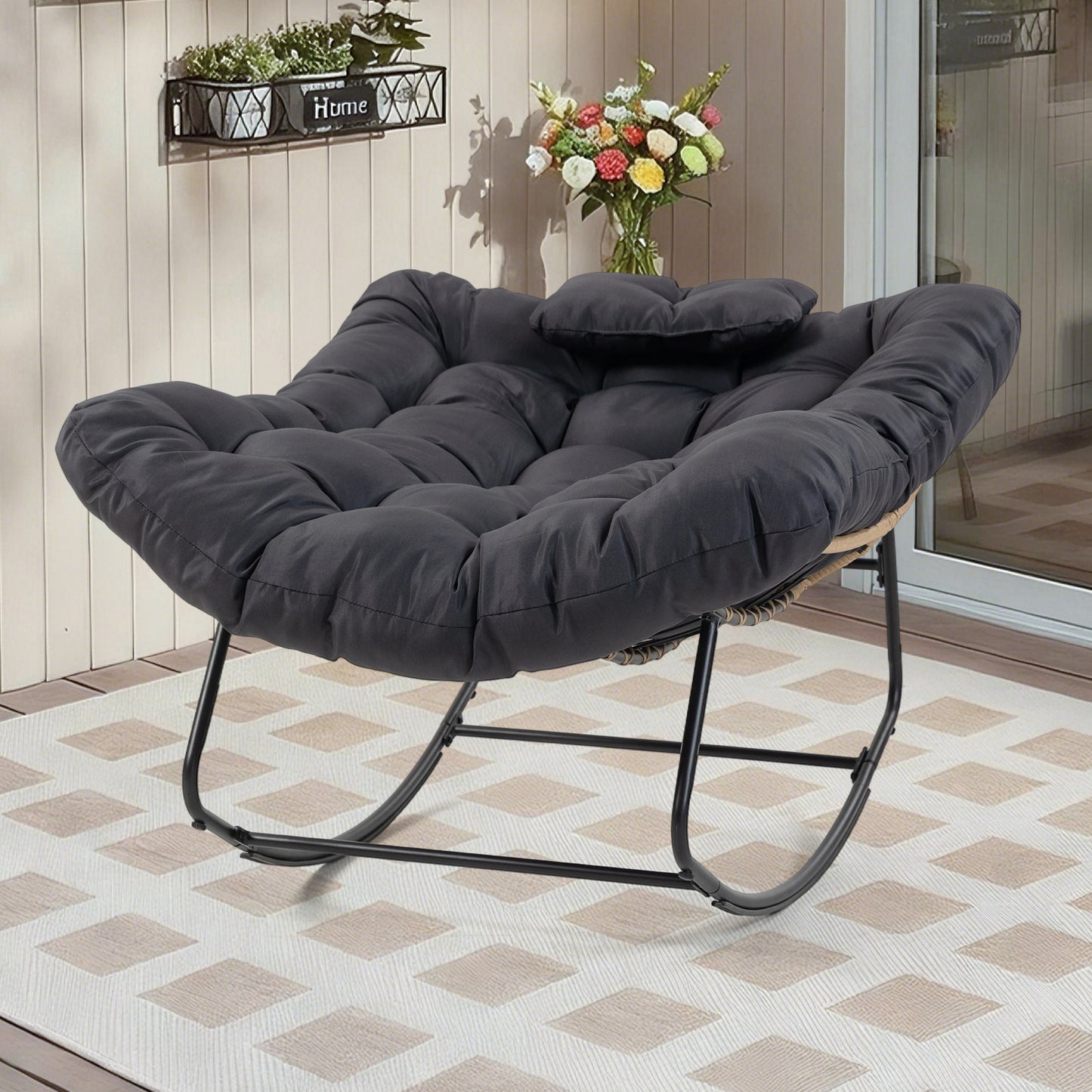 DELMANGO Rocking Egg Chair Outdoor Patio lounger with Thick Cushion Oversized Wicker Rocker Indoor Papasan lawn Chair for Living room Bedroom Porch Balcony Black
