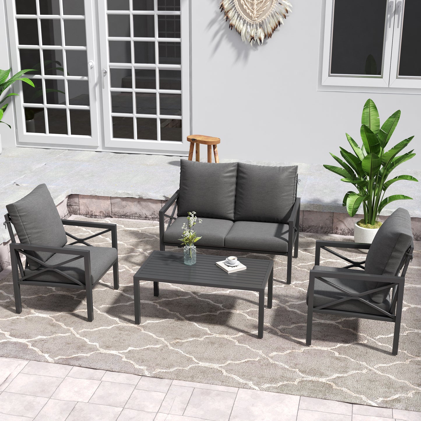 DELMANGO 4 Pieces Patio Furniture Set, Metal Outdoor Patio Furniture Conversation Set with Coffee Table, Outdoor Sofa Sets for Balcony, Porch, Poolside, Grey