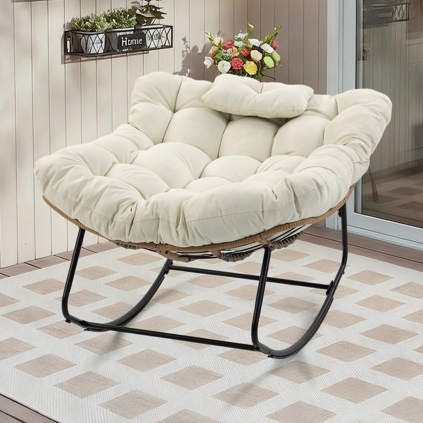 DELMANGO Rocking Egg Chair Outdoor Patio lounger with Thick Cushion Oversized Wicker Rocker Indoor Papasan lawn Chair for Living room Bedroom Porch Balcony Beige