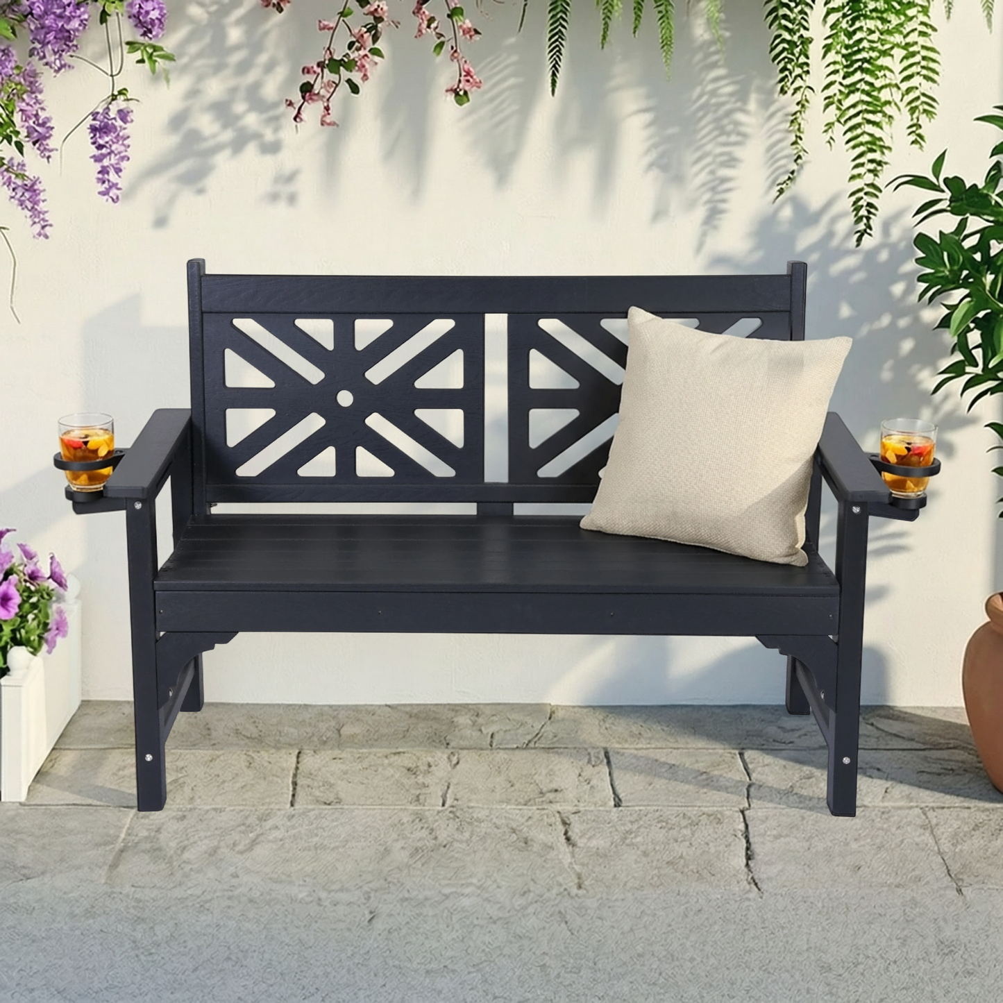 DELMANGO Outdoor Bench with Cup Holders, HDPE Weatherproof Garden Bench 2-Person, Fade/Rot Resistance Patio Benches for Porch and Park, Black