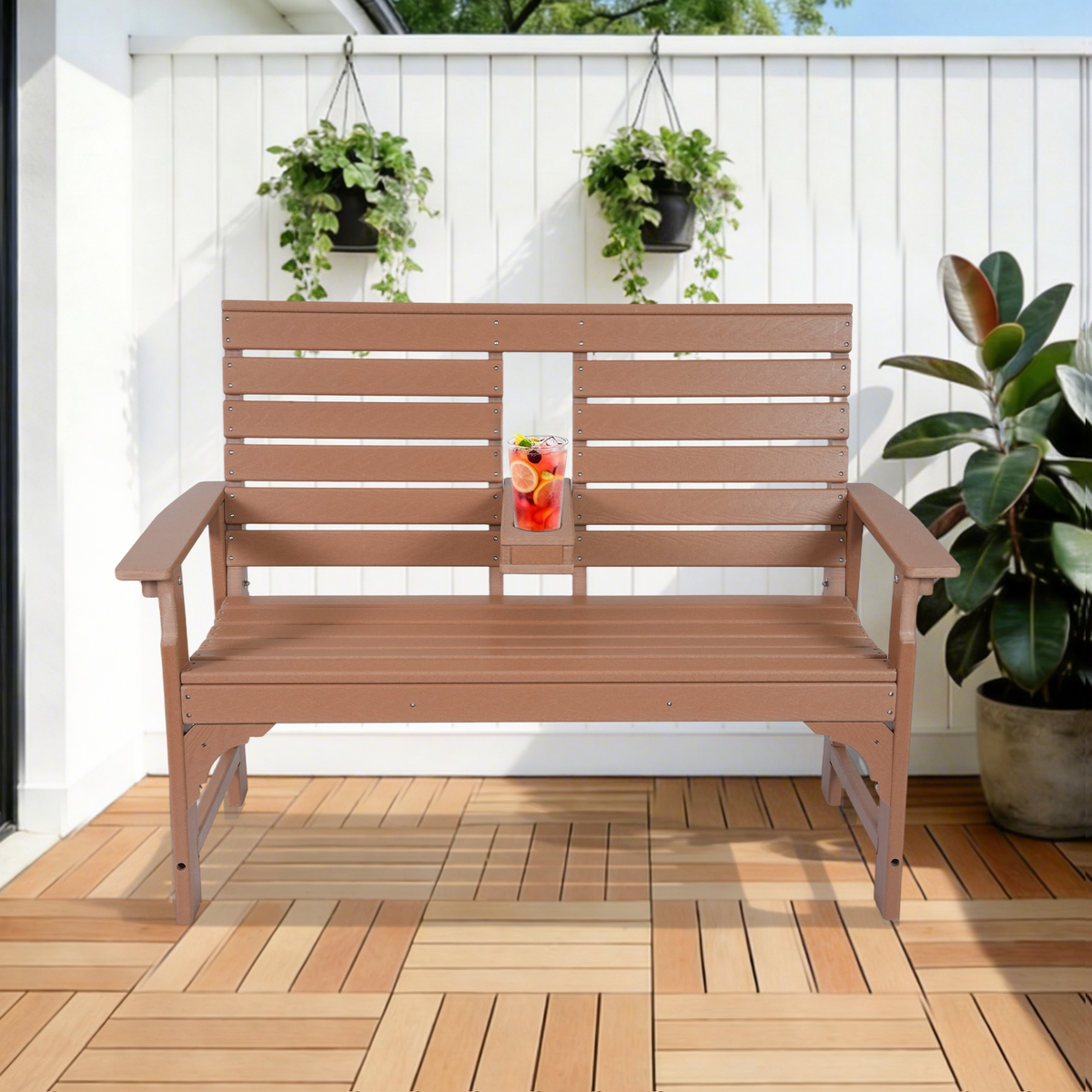 DELMANGO Outdoor Bench with Cup Holders, HDPE 2-Person Weatherproof Patio Benches, Fade/Rot Resistance, Garden Bench for Front Porch Backyard, Brown