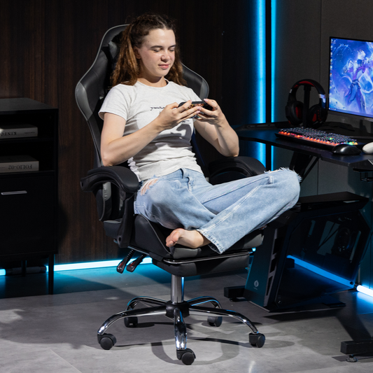 DELMANGO Ergonomic Video Game Chair with Massage Lumbar Support, Adjustable Headrest & Footrest, 90-135¡ã Recline & 360¡ã Swivel, Grey