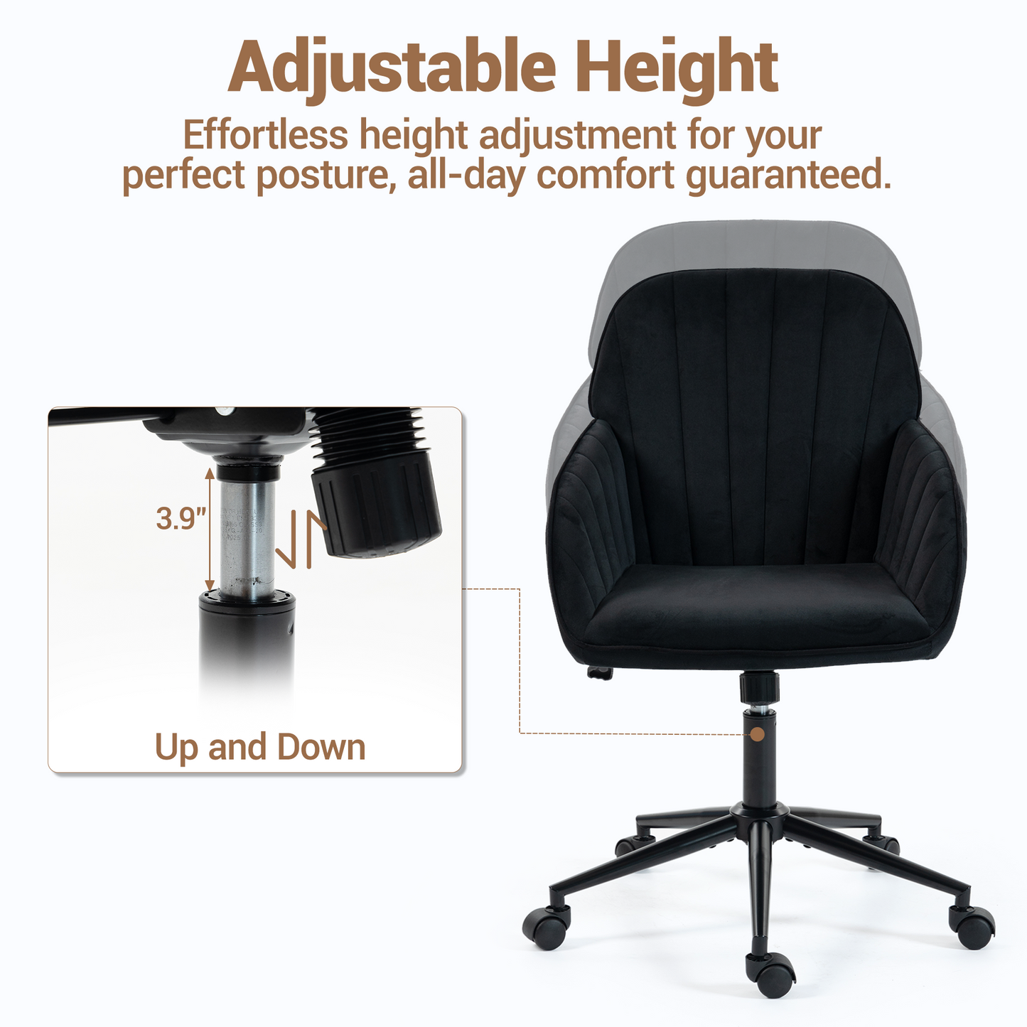 DELMANGO Velvet Adjustable Desk Chair with Gold Base & Wheels, Modern Swivel Vanity Office Chair for Home, Living Room, Bedroom & Study, Black