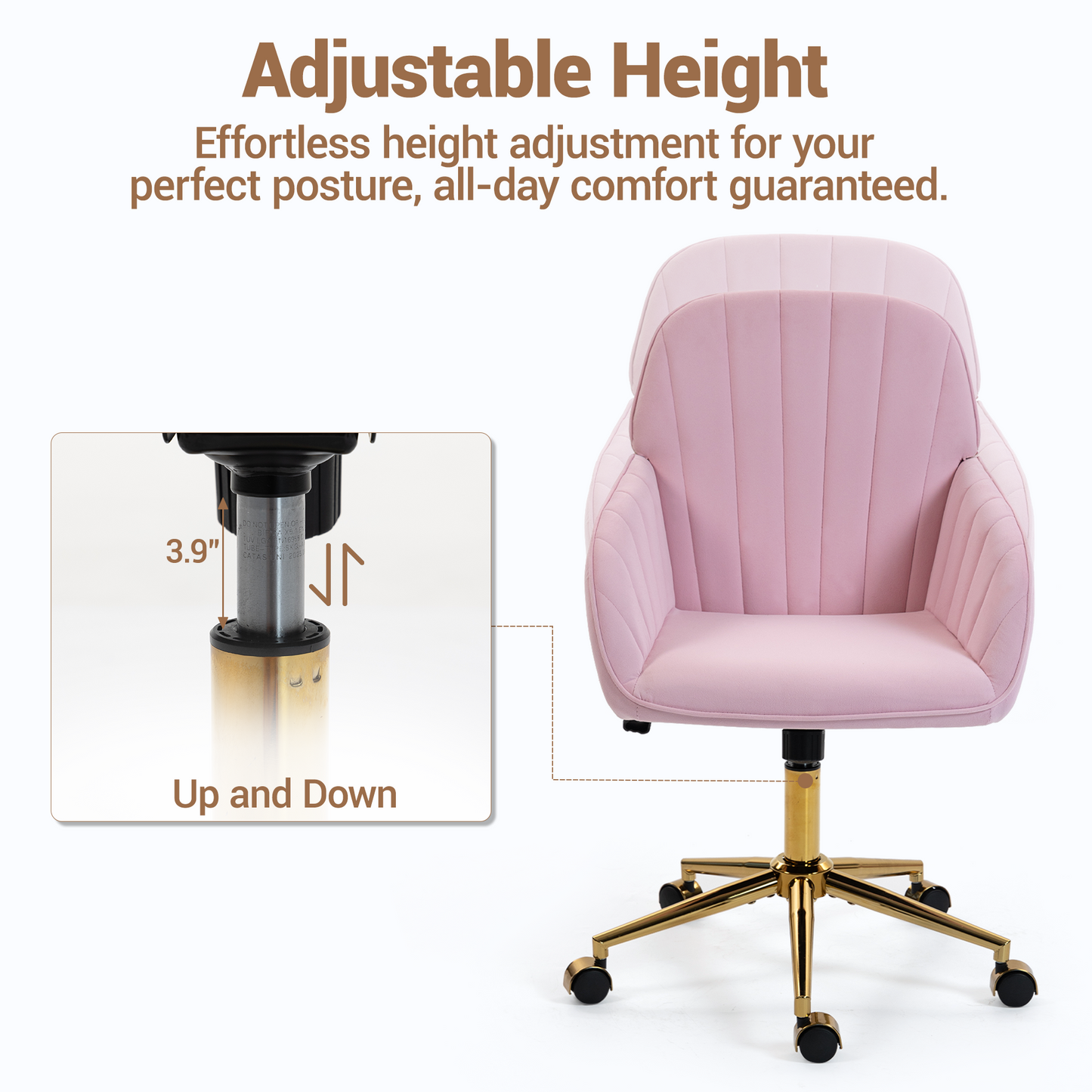 DELMANGO Velvet Adjustable Desk Chair with Gold Base & Wheels, Modern Swivel Vanity Office Chair for Home, Living Room, Bedroom & Study, Pink