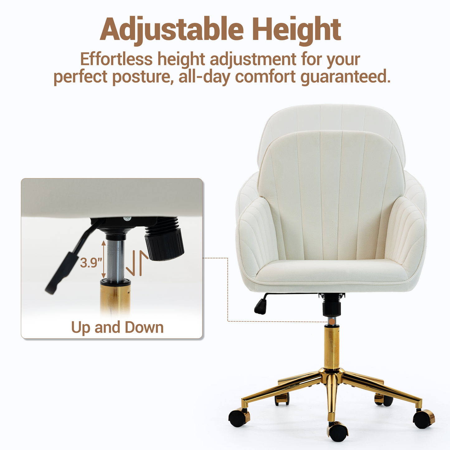 DELMANGO Velvet Adjustable Desk Chair with Gold Base & Wheels, Modern Swivel Vanity Office Chair for Home, Living Room, Bedroom & Study, Beige