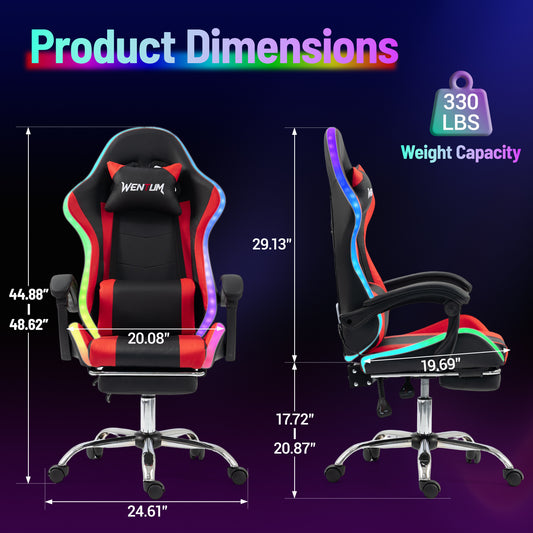 DELMANGO Gaming Chair,Racing Style RGB LED Lights Gaming Chair with Footrest and Massage Lumbar Support ,High Back Reclining Computer Chair for Adults and Kids Red/Black