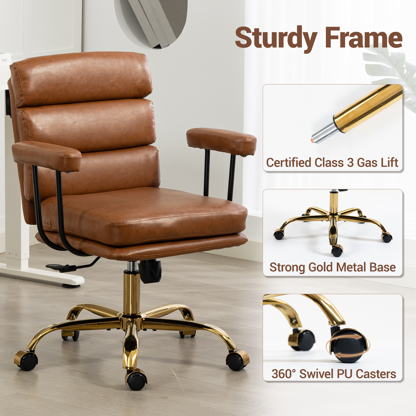 DELMANGO Faux Leather Home Office Desk Chair with Padded Seat & Armrests, Gold Base Vanity Swivel Chair with Adjustable Height and Wheels, Brown