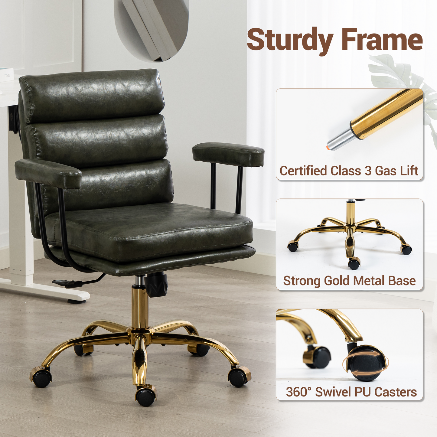 DELMANGO Faux Leather Home Office Desk Chair with Padded Seat & Armrests, Gold Base Vanity Swivel Chair with Adjustable Height and Wheels, Green