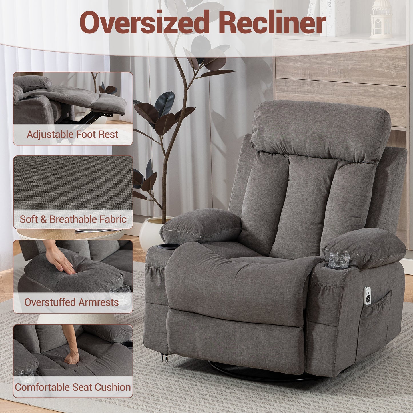 DELMANGO Swivel Rocker Recliner Chair with Vibration Massage & Heat, 360 Degree Rotating Lounge Chair for Adults, Ergonomic Rocking Chair with Side Pocket & Cup Holders, Grey