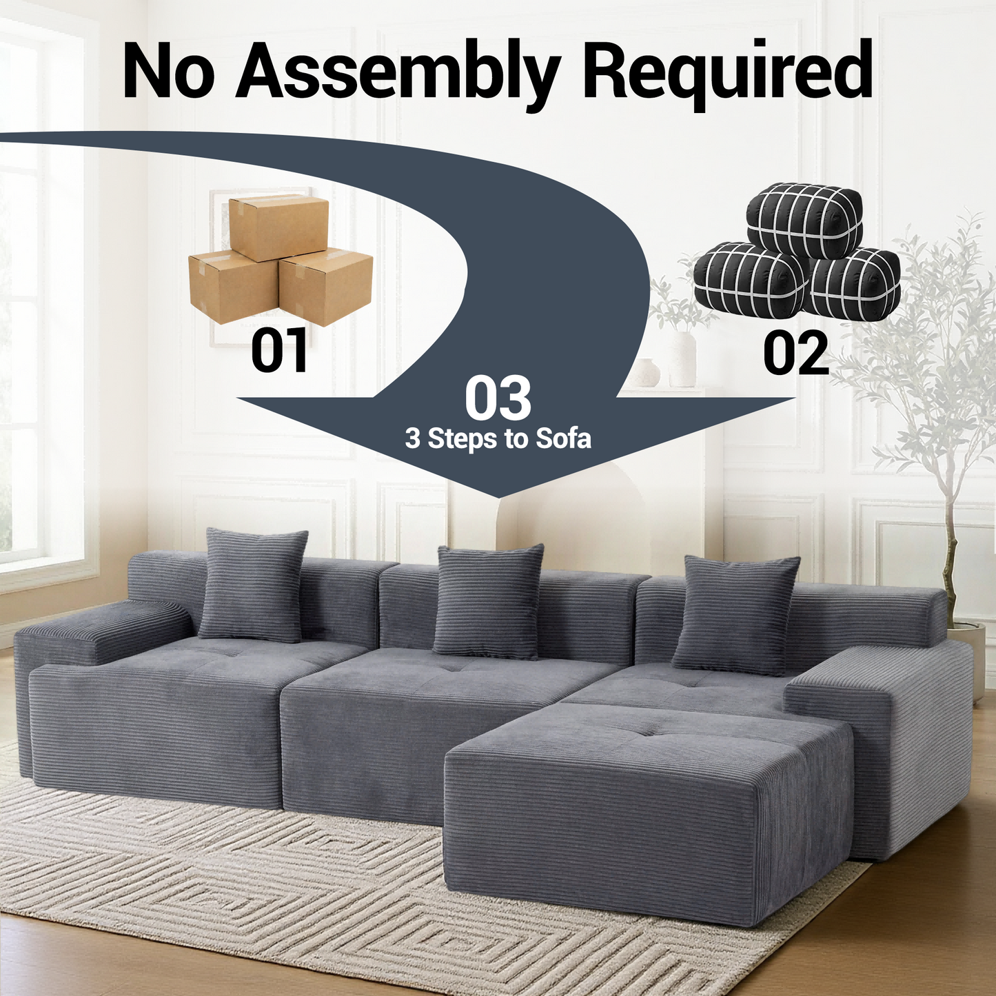DELMANGO 119'' Cloud Sectional Sofa, Boneless Sofa with Chaise, Flexible Module Combination for Living Room, No Assembly, Grey