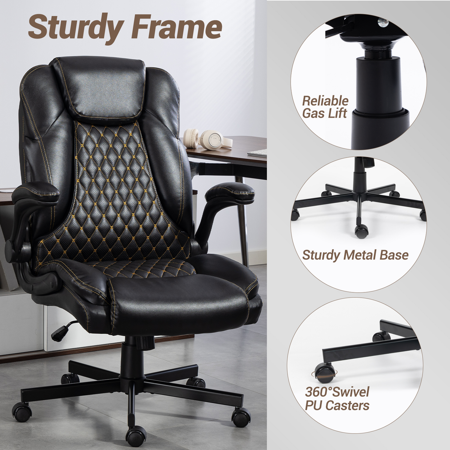 DELMANGO High-Back Executive Office Chair, Ergonomic Computer Desk Chair with Rocking Feature, PU Leather, Flip-Up Armrests and Lumbar Support, Black