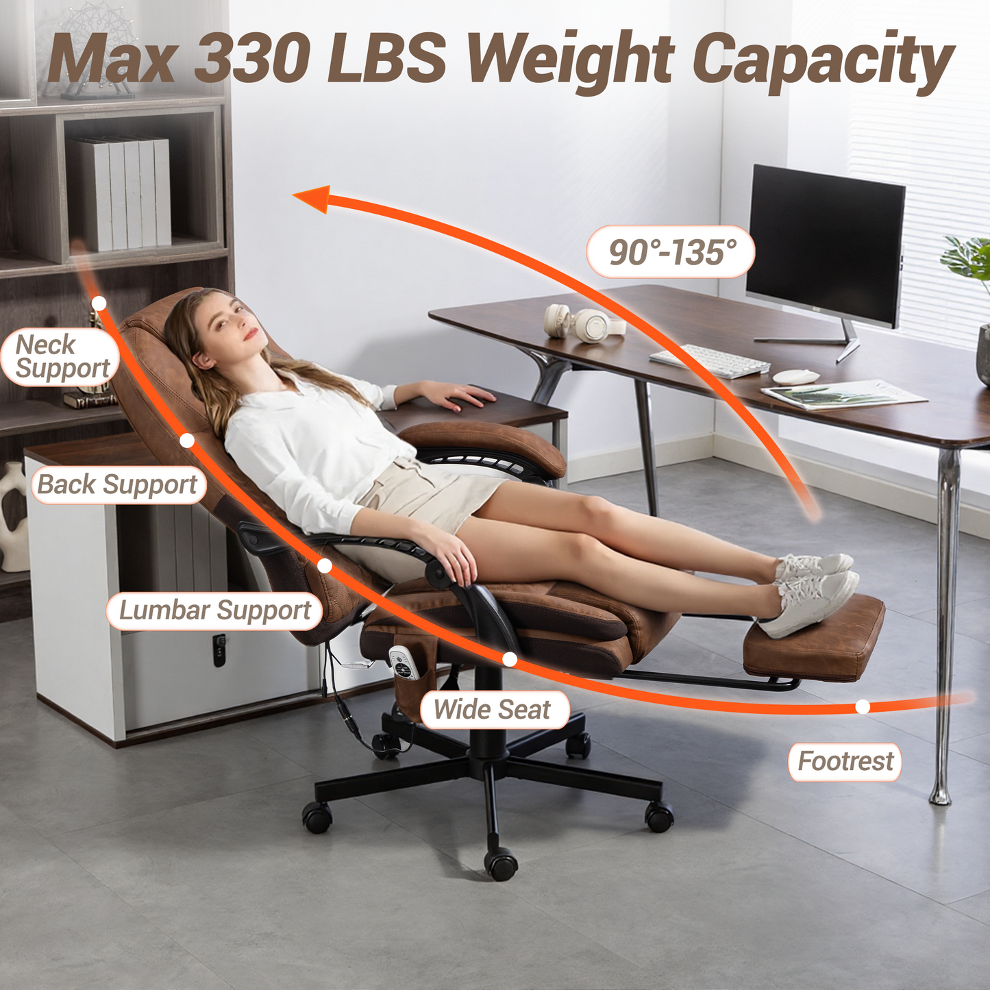 DELMANGO Massage Office Chair with Footrest, 6-Point Vibration Heating Executive Desk Chair, Ergonomic Home Office Chair, Brown