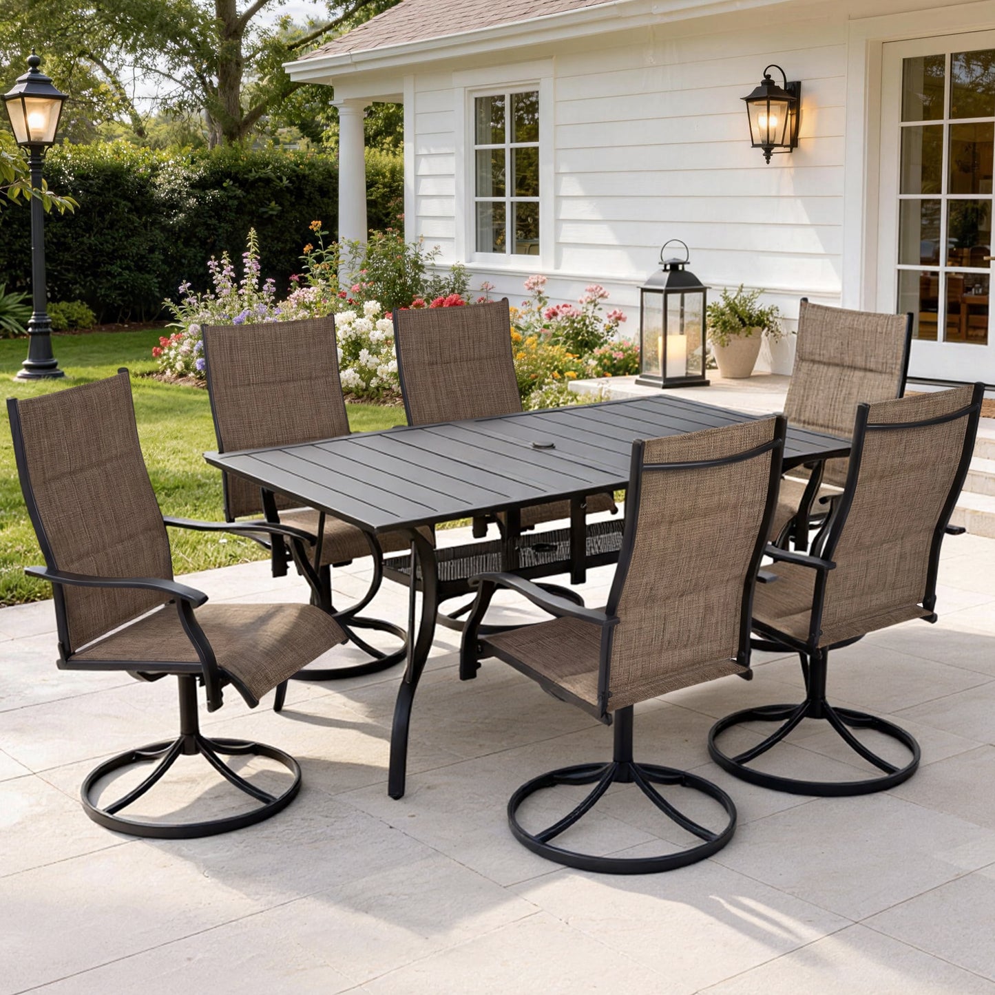 DELMANGO Patio Swivel Chairs Set of 8, Outdoor Dining Chairs High Back, All-Weather Textilene Swivel Rocker Chair for Lawn Porch Garden, Brown