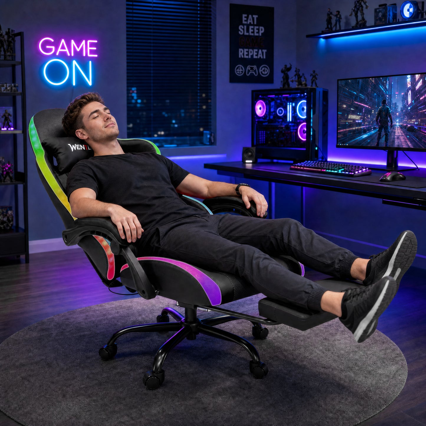 Delmango RGB Ergonomic Gaming Chair with Massage, LED Lights, Footrest, Lumbar Support, Black