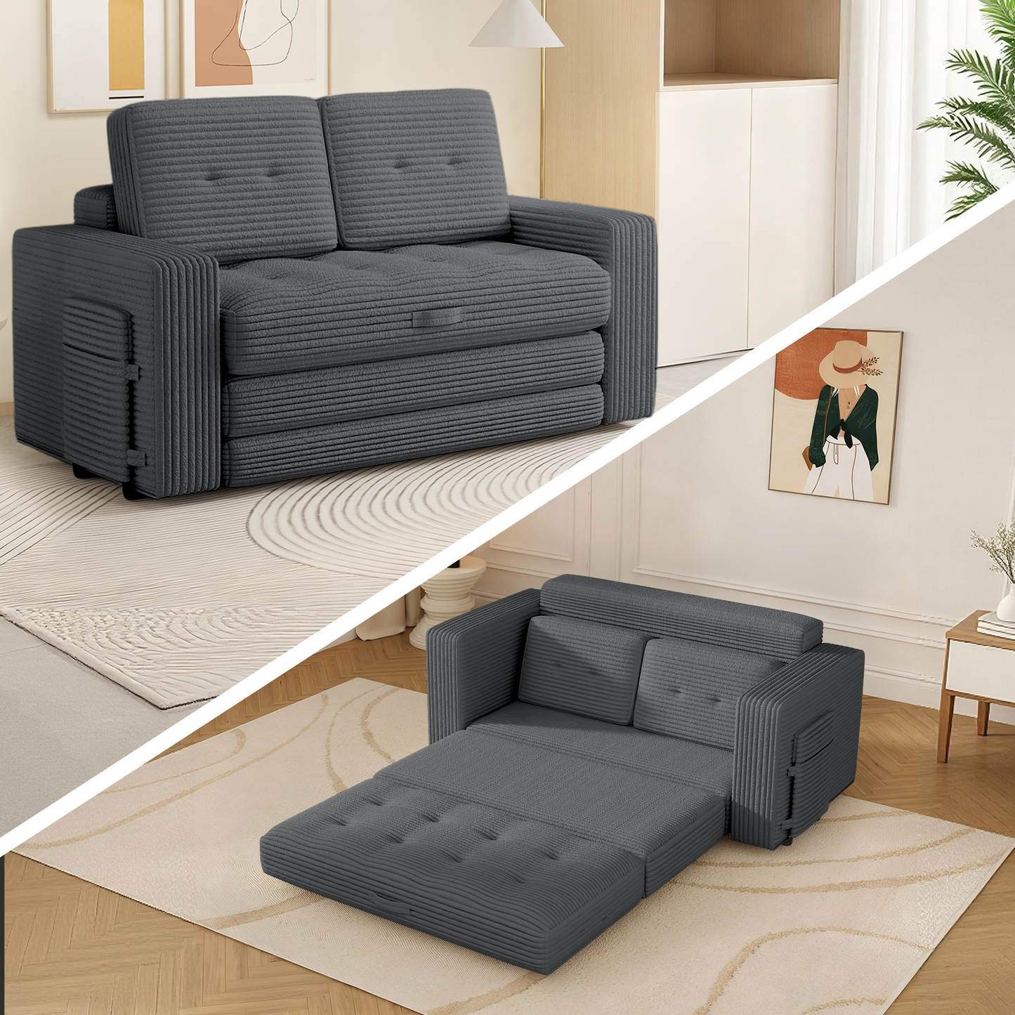 DELMANGO Convertible Loveseat Sleeper Sofa, Boneless Pull-Out Folding Couch Bed with Pillows for Living Room & Bedroom, Grey