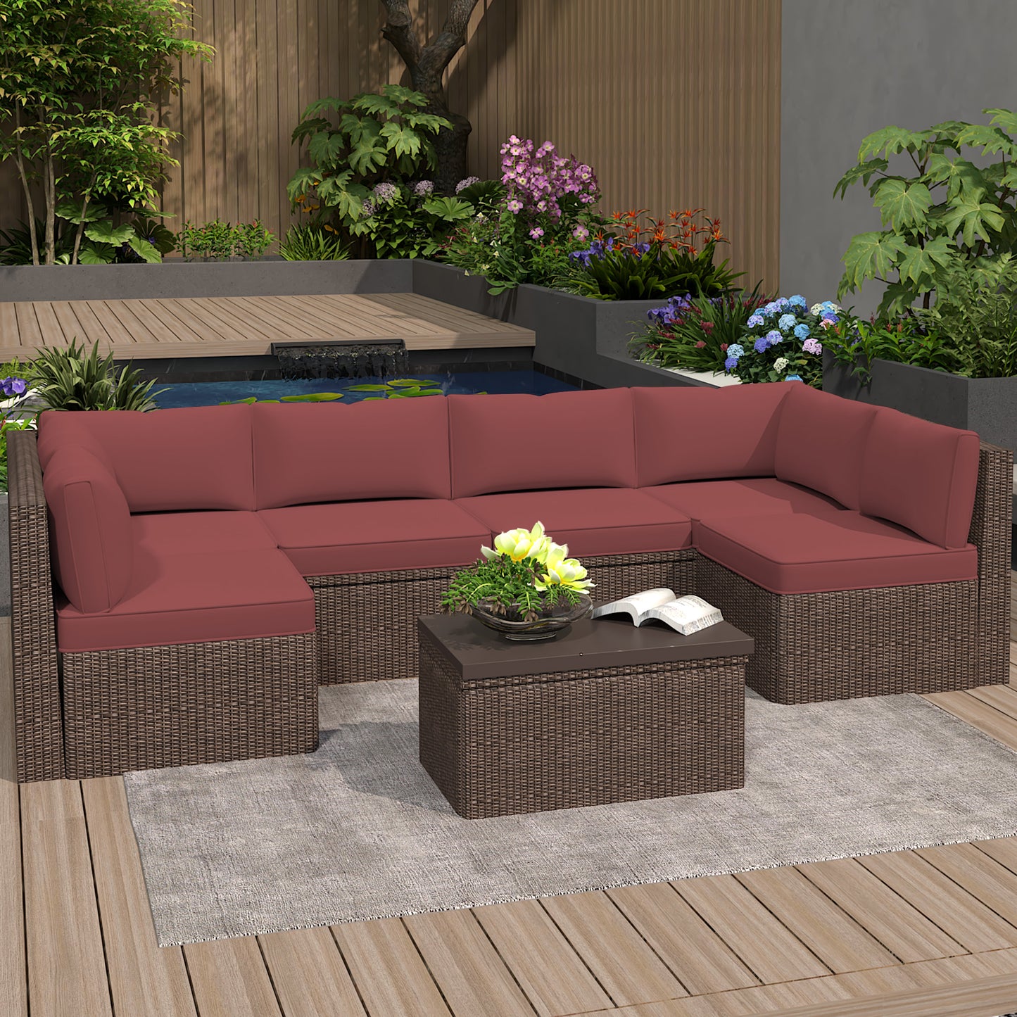 DELMANGO Outdoor Replacement Cushions 14-Piece Deep Seat Water-Resistant Patio Furniture Cushions for 6-Seat Sectional Rattan Sets, Red