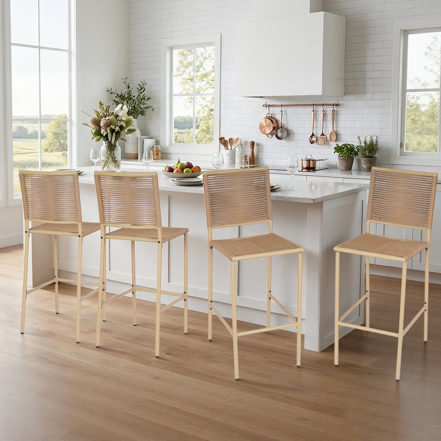 DELMANGO 4Pcs Bar Stool, Counter Height Patio Rattan Armless Chairs for Porch Garden Indoor Kitchen, Yellow