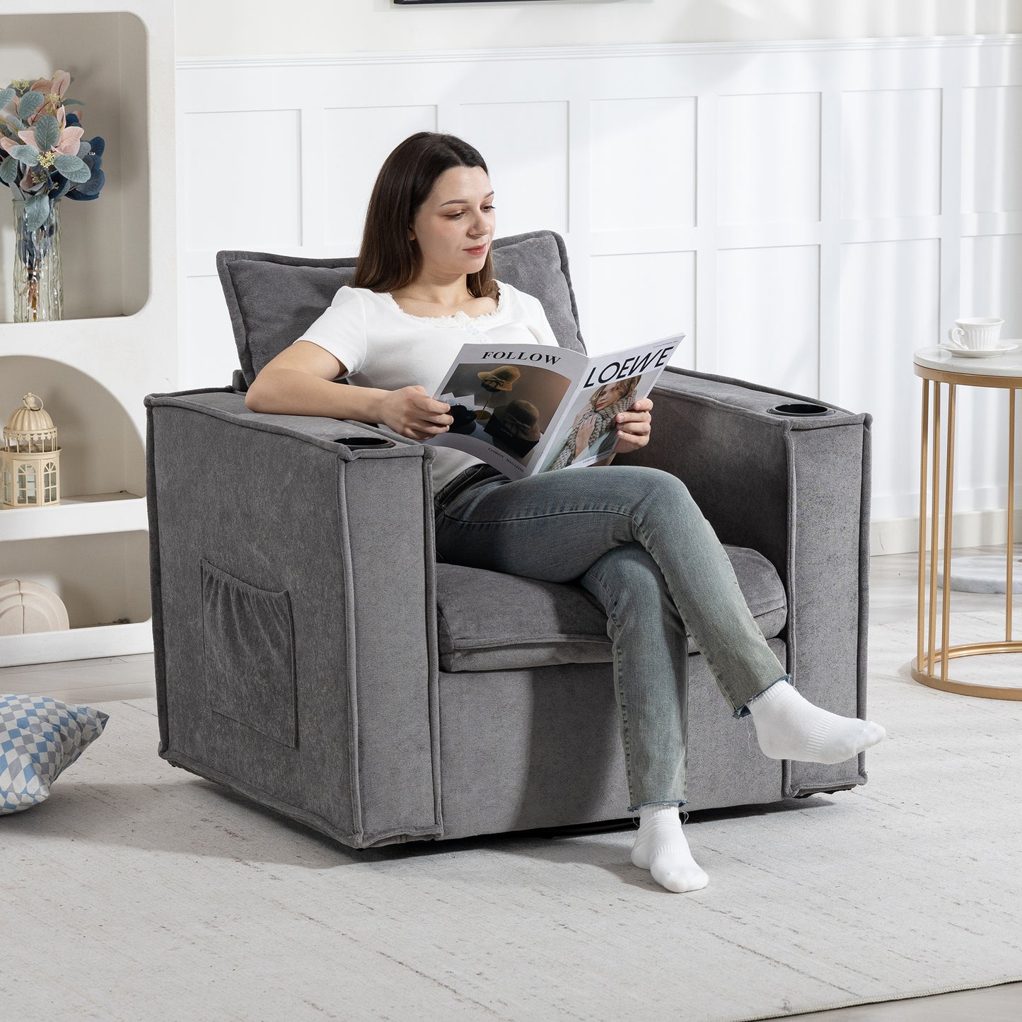 Delmango 32¡° Wide Swivel Accent Chair, Comfy Couch with Cup Holders and Side Pockets, Modern Sofa Chair for Living Room, Bedroom, Corner, Gray