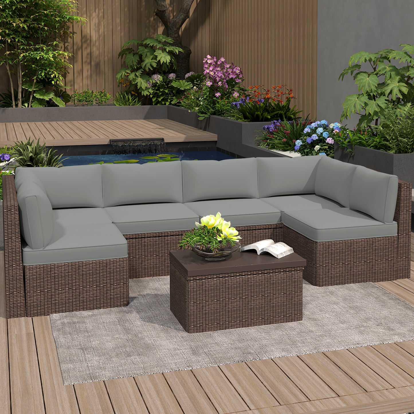 DELMANGO Outdoor Replacement Cushions 14-Piece Deep Seat Water-Resistant Patio Furniture Cushions for 6-Seat Sectional Rattan Sets, Grey
