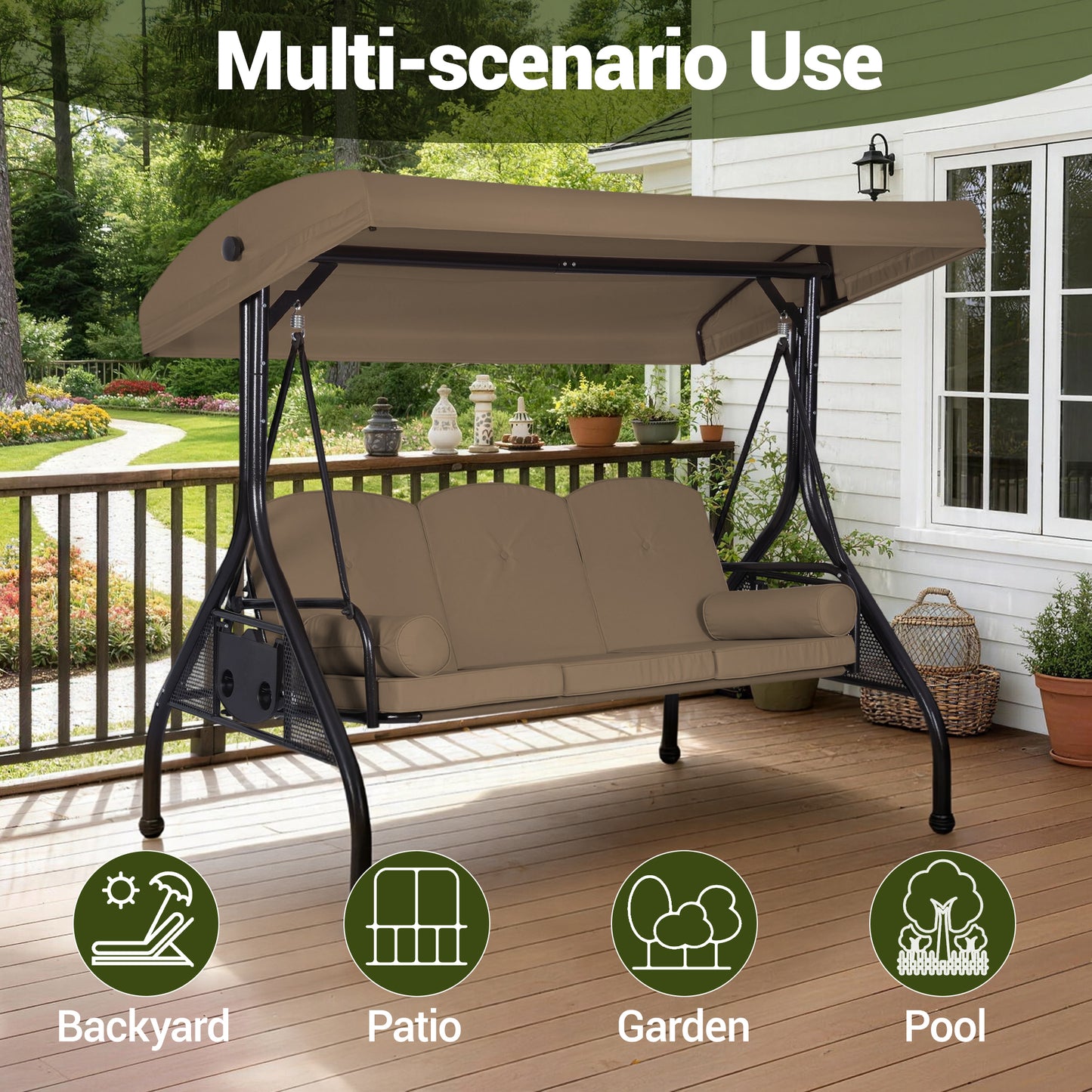 DELMANGO 3-Seat Outdoor Porch Swing with Adjustable Canopy, 2 in 1 Convertible Patio Swing Bed, Patio Glider Swing for Backyard, Brown