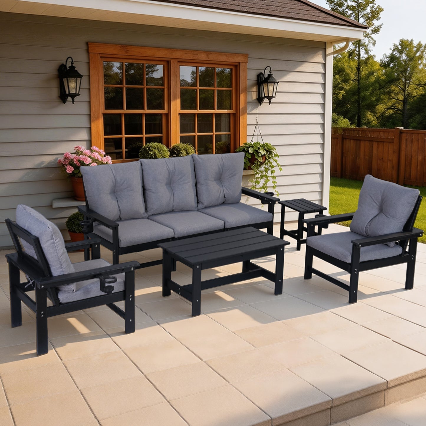 DELMANGO Patio Furniture Sets,7 Pieces Outdoor Conversation Set with Removable Washable Cushion,Wood Tepoy and Table Black