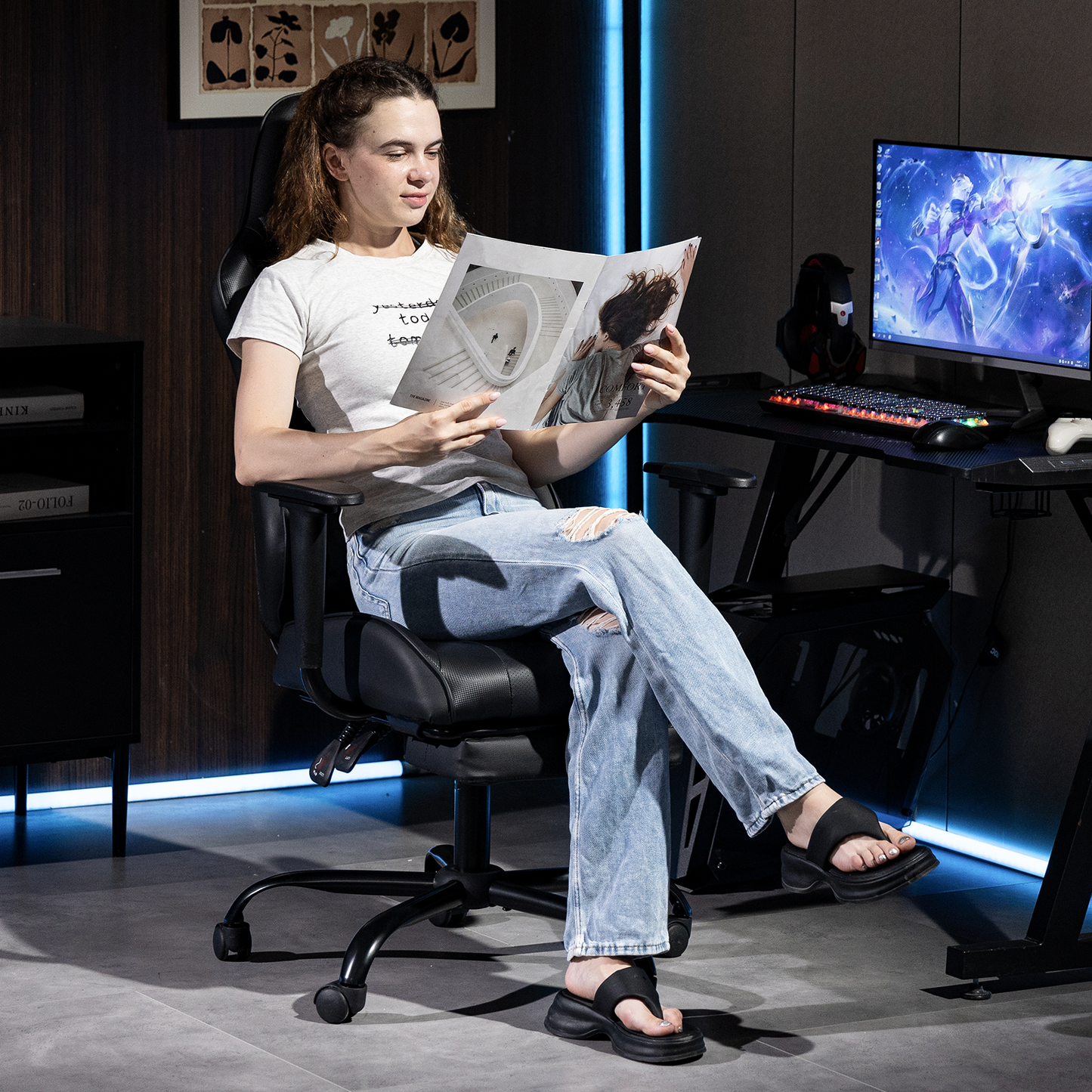 DELMANGO Massage Gaming Chair with Recline and Footrest, Racing Style PU Leather Office Desk Chair with Head Pillow for Adults, Black