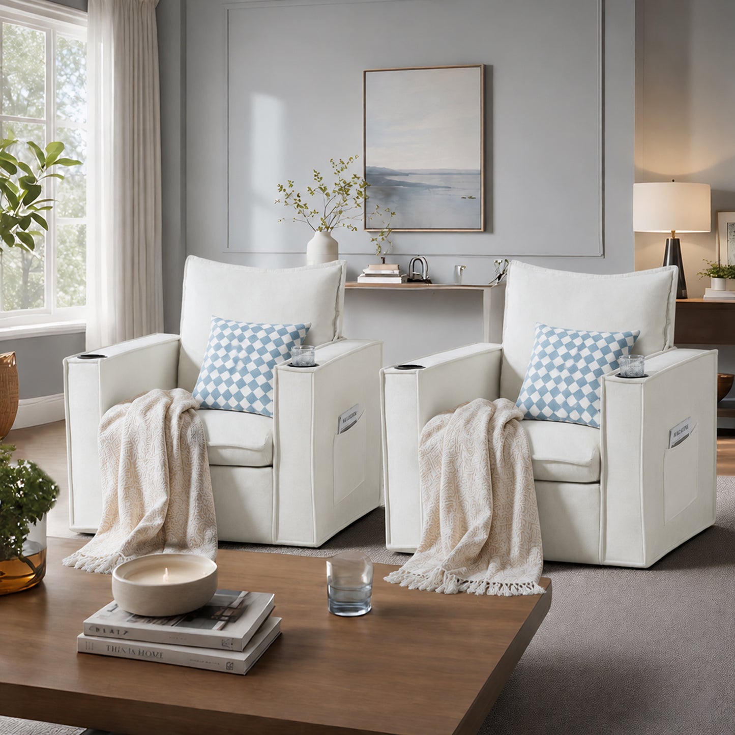 Delmango 32¡° Wide Swivel Accent Chair Set of 2, Comfy Couch with Cup Holders and Side Pockets, Modern Sofa Chair for Living Room, Bedroom, Corner, Beige