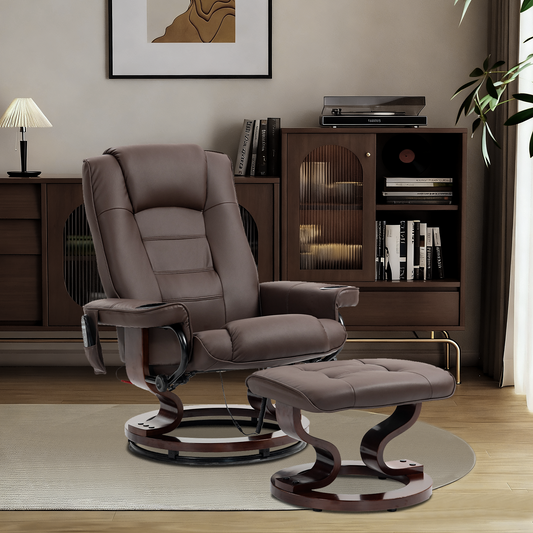 DELMANGO Swivel Massage Recliner with Ottoman, Adjustable Recline Wood Base Faux Leather Lounge Chair, Footrest Accent Chair for Living Room & Bedroom, Brown
