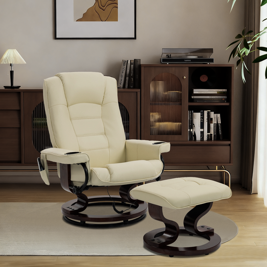 DELMANGO Swivel Massage Recliner with Ottoman, Adjustable Recline Wood Base Faux Leather Lounge Chair, Footrest Accent Chair for Living Room & Bedroom, Beige
