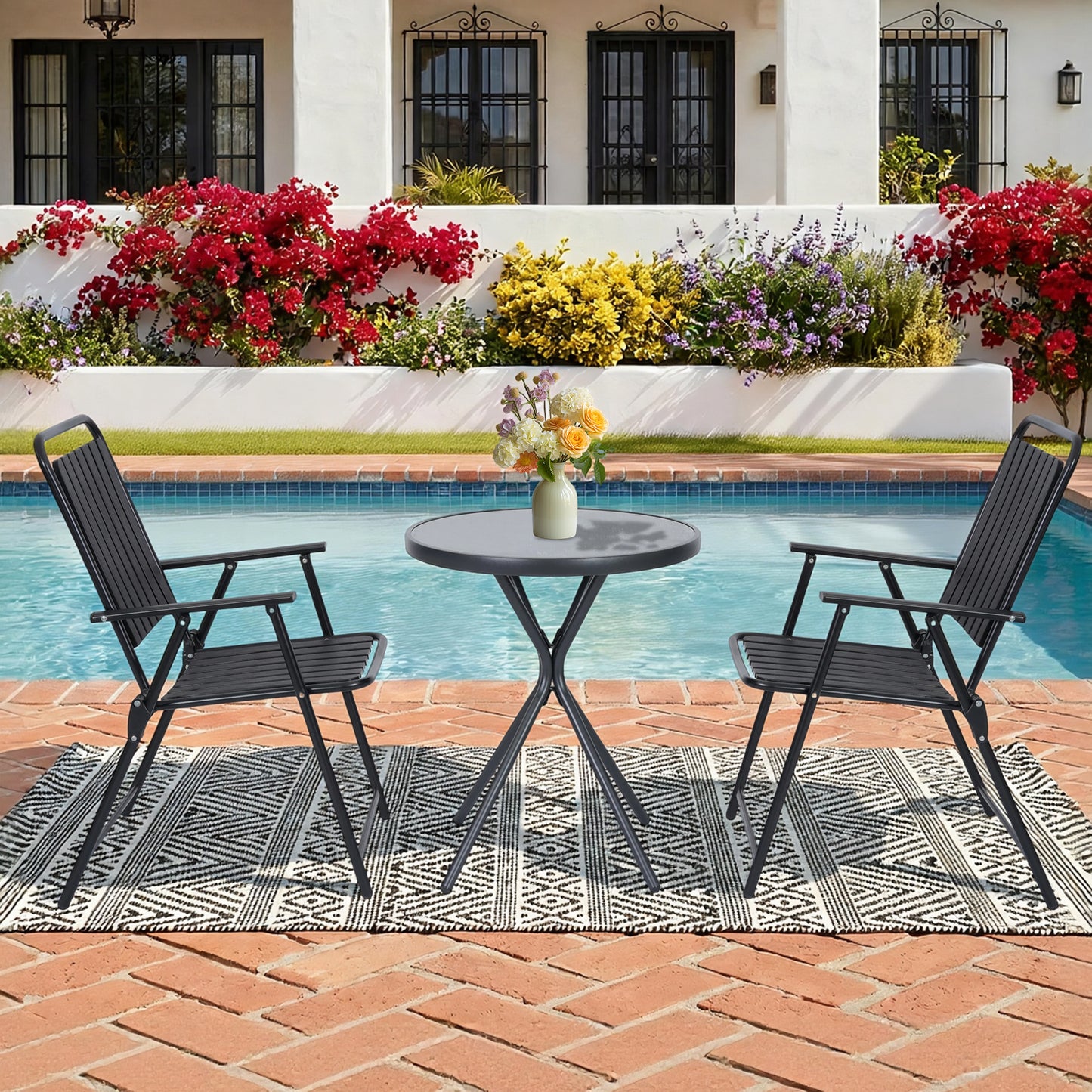 DELMANGO 3 Pieces Patio Furniture Set, Bistro Table and Foldable Chairs, Waterproof Patio Furniture Folding Set, All-Weather outdoor table and chairs, Balcony Furniture for Porch, Yard, Garden, Black