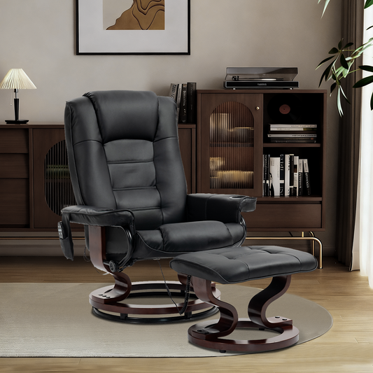 DELMANGO Swivel Massage Recliner with Ottoman, Adjustable Recline Wood Base Faux Leather Lounge Chair, Footrest Accent Chair for Living Room & Bedroom, Black