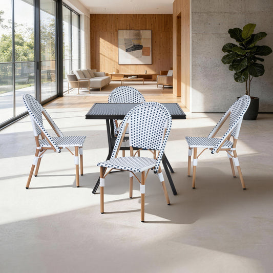 DELMANGO 5 Piece Bistro Table Chair Set, Outdoor Wicker Square Table and 4 Armless Dining Chairs for Garden Balcony Porch, Blue/White