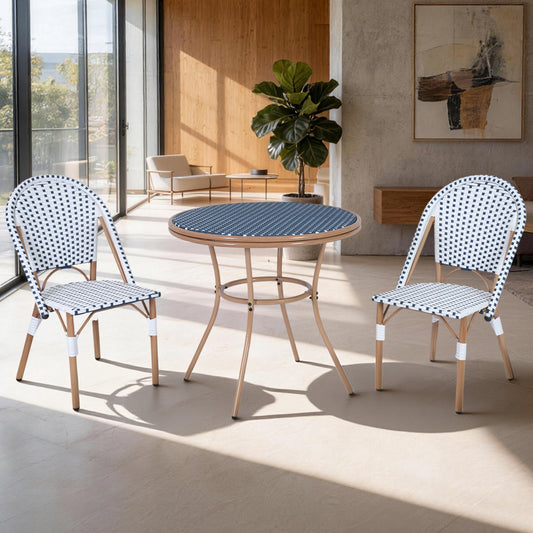 DELMANGO 3 Piece Bistro Table Chair Set, Outdoor Wicker Round Table and 2 Armless Dining Chairs for Garden Balcony Porch, Blue/White