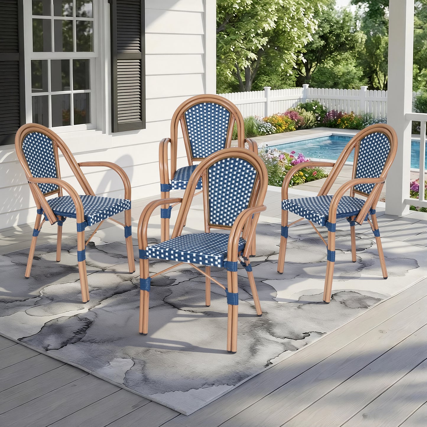DELMANGO Metal & Faux Rattan Bistro Chair,Outdoor Arm Dining Chairs, Stackable Patio Chairs, Blue/Black (Set of 4)