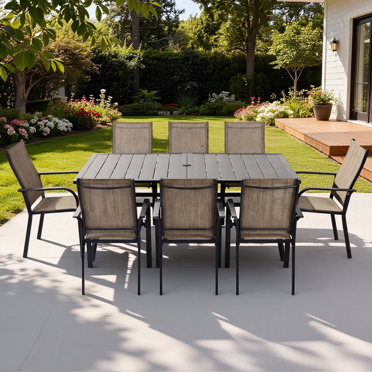 DELMANGO 63"x38" Outdoor Dining Table for 6, Metal Rectangle Patio Dining Table with Adjustable Umbrella Hole for Garden, Backyard and Porch, Black
