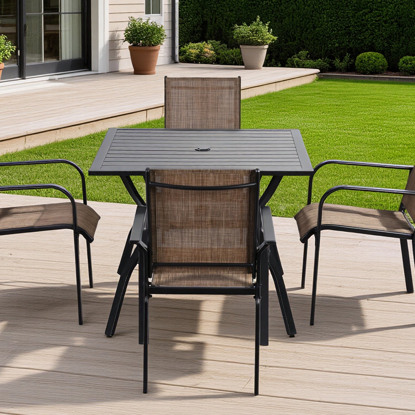 DELMANGO 37" Outdoor Dining Table for 4, Metal Square Patio Dining Table with Adjustable Umbrella Hole for Garden, Backyard and Porch, Black