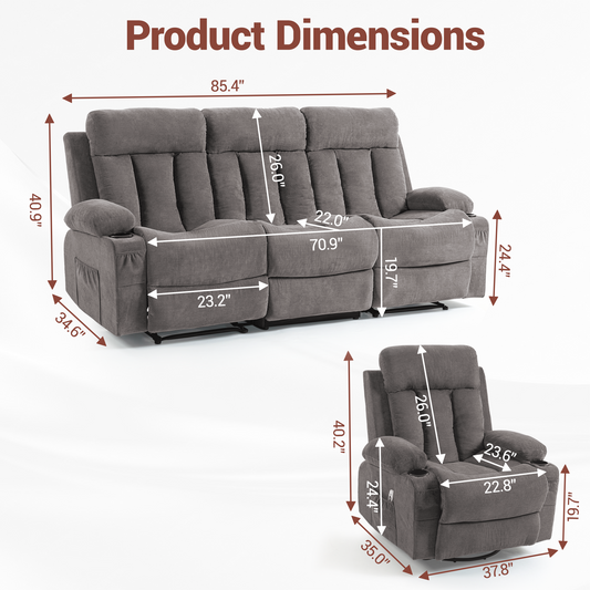 DELMANGO Manual Recliner Sofa Set for Home Theater, Office (Grey, Sofa+Chair+Chair)