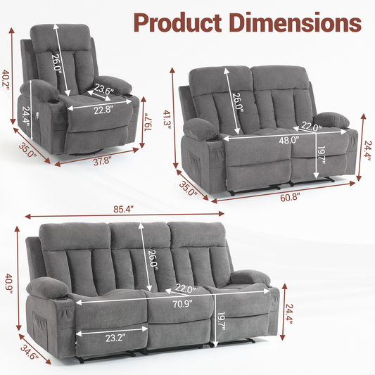 DELMANGO Manual Recliner Sofa Set for Home Theater, Office (Grey, Sofa+Loveseat+Chair)