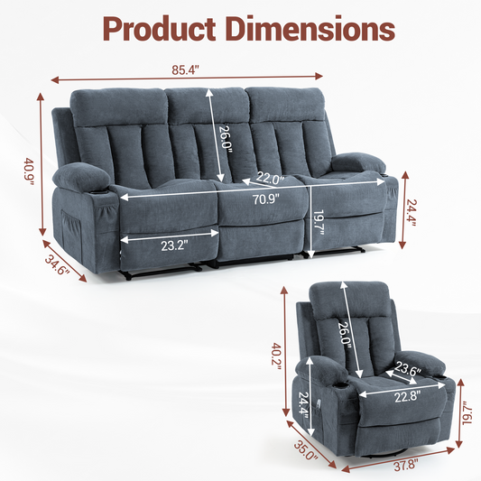 DELMANGO Manual Recliner Sofa Set for Home Theater, Office (Blue, Sofa+Chair+Chair)
