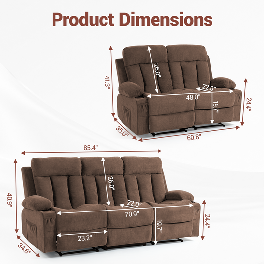 DELMANGO Manual Recliner Sofa Set for Home Theater, Office (Brown, Sofa+Loveseat)