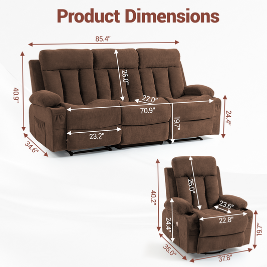 DELMANGO Manual Recliner Sofa Set (Brown, Sofa+Chair+Chair)