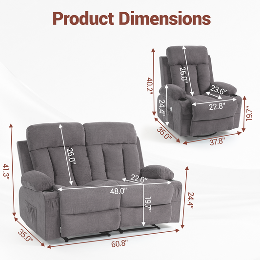 DELMANGO Manual Recliner Sofa Set for Home Theater, Office (Grey, Loveseat+Chair)