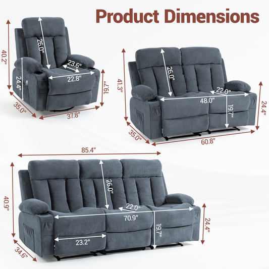 DELMANGO Manual Recliner Sofa Set for Home Theater, Office (Blue, Sofa+Loveseat+Chair)