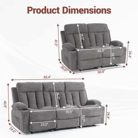 DELMANGO Manual Recliner Sofa Set for Home Theater, Office (Grey, Sofa+Loveseat)