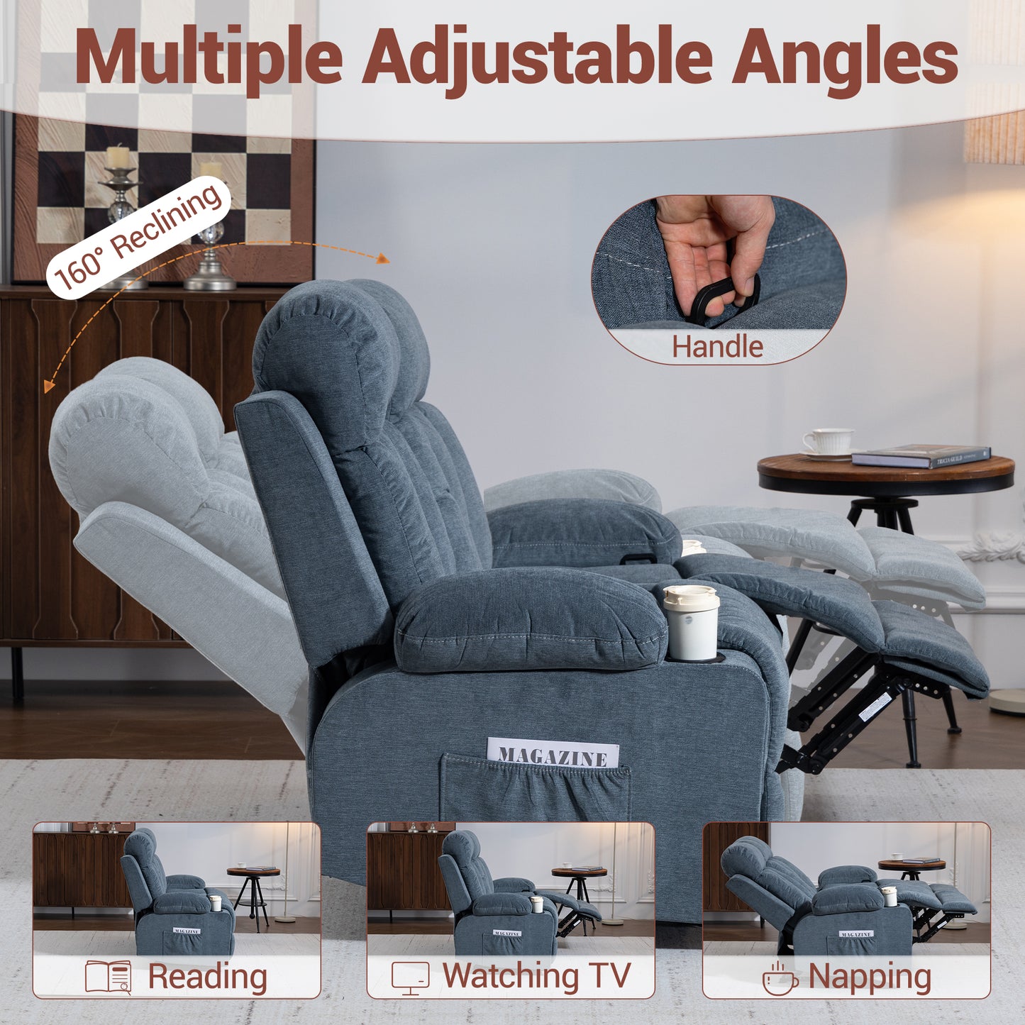 DELMANGO Manual Recliner Sofa Set for Home Theater, Office (Blue, Loveseat+Chair)