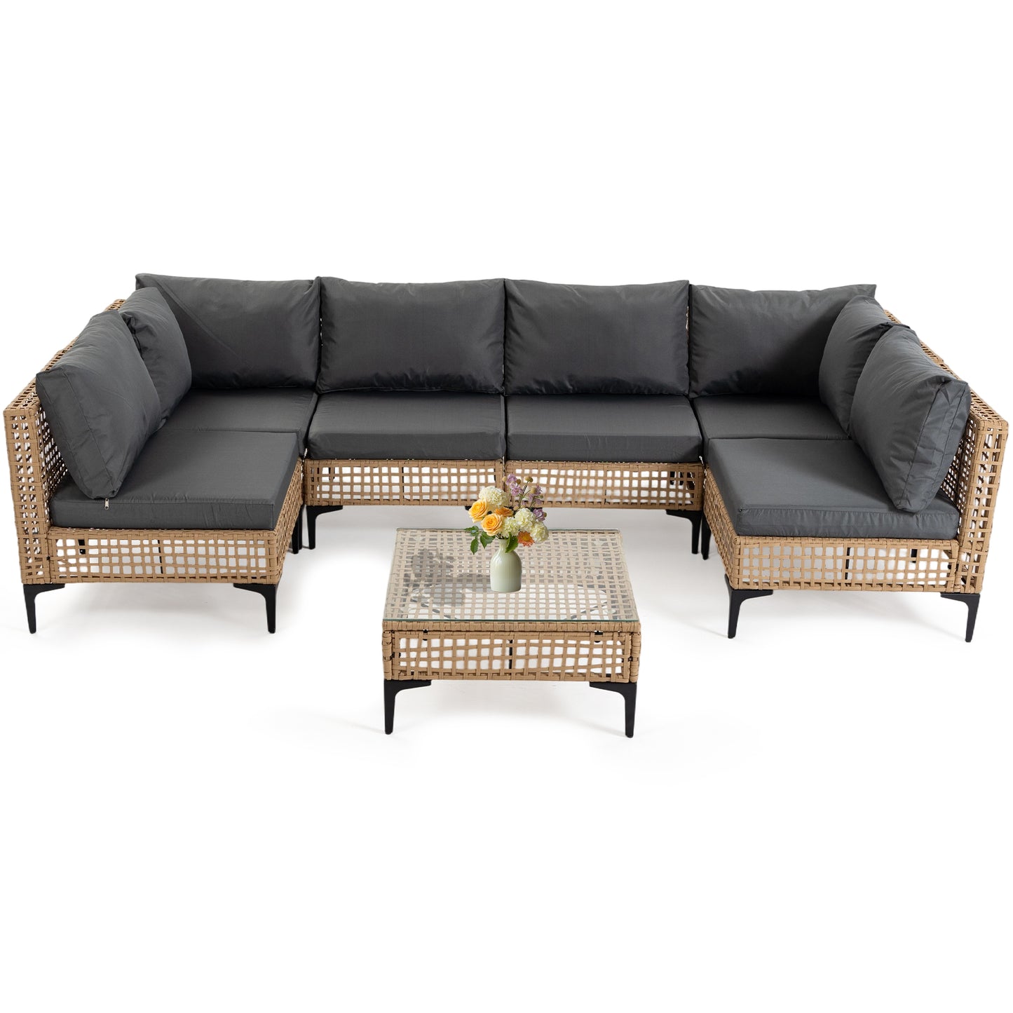 Delmango 7 Pieces Patio Furniture Set Boho Wicker Rattan Outdoor Sectional Sofa Set with Cushions & Table for Lawn, Backyard, Porch, Backyard, Porch, Gray