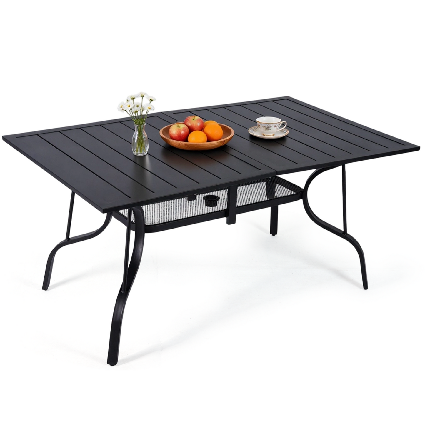 DELMANGO 63"x38" Outdoor Dining Table for 6, Metal Rectangle Patio Dining Table with Adjustable Umbrella Hole for Garden, Backyard and Porch, Black
