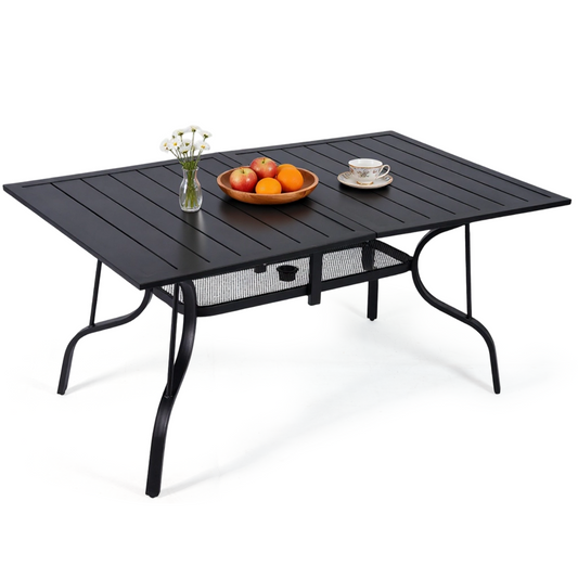 DELMANGO 63"x38" Outdoor Dining Table for 6, Metal Rectangle Patio Dining Table with Adjustable Umbrella Hole for Garden, Backyard and Porch, Black